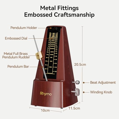 Mechanical Metronome for Piano, Guitar & Drums, Upgraded Movement, 40-208 BPM with 4 Beat Modes, Loud Clear Tempo for Beginners & Musicians, Classic Wind-Up Design, Wooden
