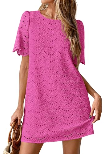 PRETTYGARDEN Women's 2026 Summer Casual Short Dresses Embroidered Lace Short Sleeve Boho Mini Dress Beach Vacation Clothes (Rose Red,Medium)