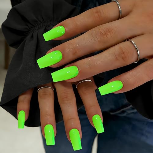 SXVME Press On Nails Long Square - Bright Green Press on Nails with Glue for Women, Natural Simple Fake Nails Press ons Medium, Glossy Soft Gel Glue on Nails Coffin, Reusable Nail Stick Ons, 24 Pcs