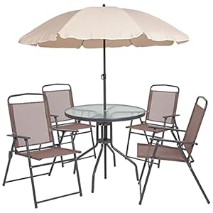 Flash Furniture Nantucket 6-Piece Patio Dining Set with Glass Table, 4 Folding Chairs, and Umbrella, Outdoor Patio Table, Chairs, and Umbrella Set, Black