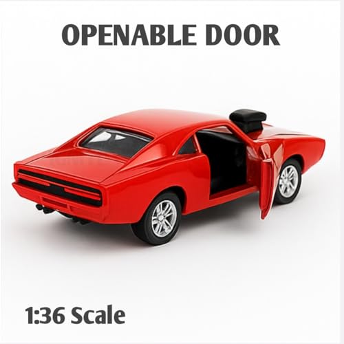 Image of 1:36 Scale Fast & Furious 7 Dodge Charger Toy Car - Die-Cast Alloy Pullback Model Vehicle with Openable Doors - Collectible Metal Racing Car Toy for Kids, Boys (Red)