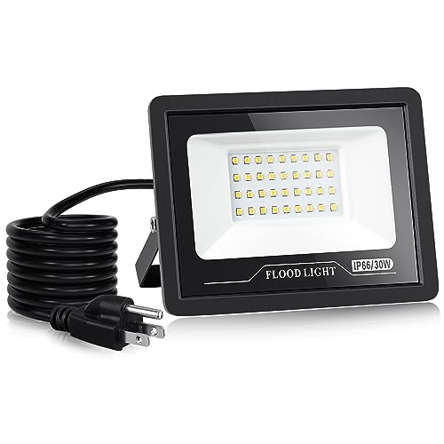 Valytime Led Flood Light Outdoor, Flood Lights 30W Plug In,3000Lm Work Light Plug In,Ip66 Waterproof Outdoor Plug In Floodlights 6000K Daylight White Security Light Plug In For Yard,Garage,Garden cover