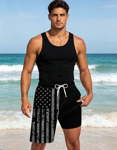 Goodstoworld Swim Trunks Bathing Suits for Men Patriotic with Liner 9 inch Inseam American Flag Black Swimsuit Summer 2 in 1 4th of July Bathing Suit Swimming Outdoor Sports Shorts Plus XXXL — view 2
