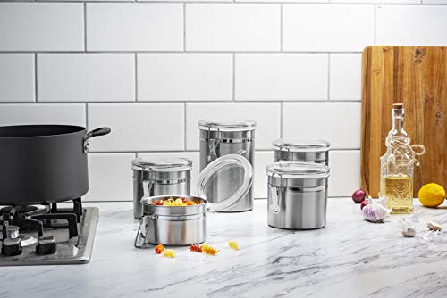 5Pc Stainless Steel Canister Set With Clear Acrylic Lids & Clamp Airtight Durable & Stackable Food Storage Container For Kitchen Counter & Pantry, Tea, Sugar, Coffee, Flour, Rice, Pasta, Spices, Herbs #TOP6