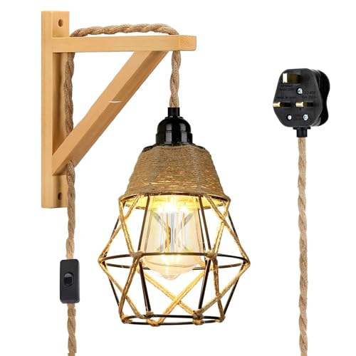 Lampop Industrial Wall Light Indoor, Retro Wooden Wall Lamp with Switch, Industrial Wall Sconces E27 Base Plug in for Living Room, Bedroom, Lounge, Loft, Coffe, Farmhouse, Wall Decor