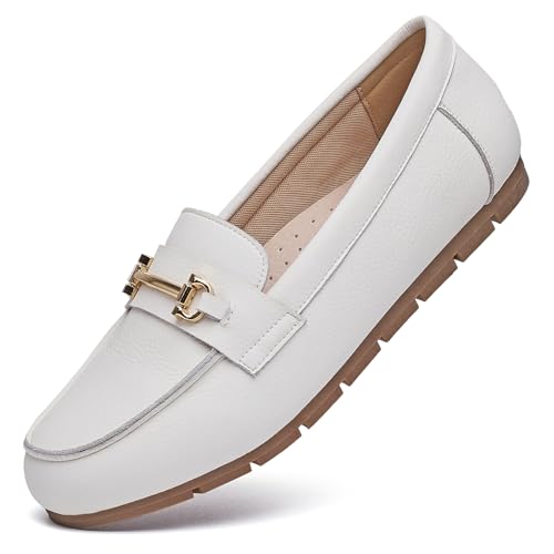 Image of Genuine Leather Loafers for Women Driving Moccasins Business Casual Work Shoes Comfortable & Lightweight Womens Dress Flats Slip On Shoes