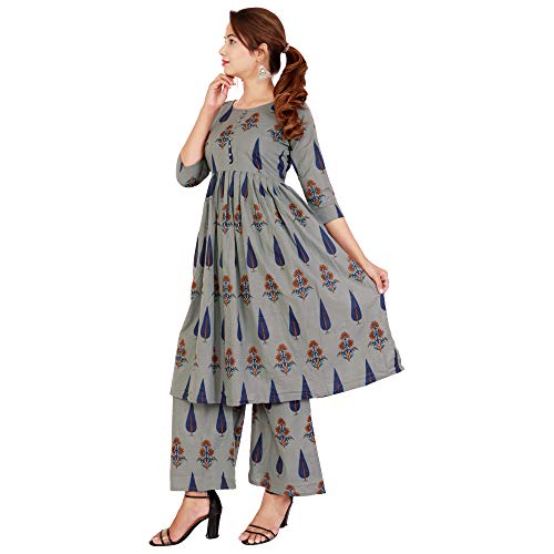 Image of Women's Kurta with Palazzo Set Fabric Cotton and Printed -Grey Color