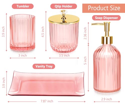Haturi Bathroom Accessories Set, 4 Pcs Pink Glass Bathroom Accessories Sets Complete w/Lotion Soap Dispenser, Toothbrush Holder, Apothecary Jar, Vanity Tray, Bathroom Decor, Gift for Home Apartment by Haturi - Image 2