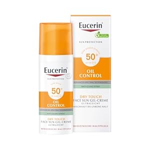 Eucerin Oil Control Sun Face Gel-Creme LSF 50+ 50 ml, unparfümierte Sonnencreme mit Dry Touch für empfindliche, fettige und zu Akne neigende Haut, schnell einziehender Sonnenschutz mit UV-Filter