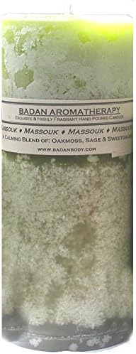 Massouk (Amber Oakmoss Sandalwood) Pillar Candle, Dark Olive 4x9.5 Inch Round Pillar