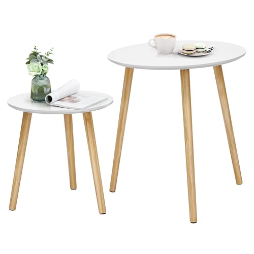 SONGMICS Round Coffee Table, Modern Minimalist Living Room Table, Set of 2, Side Table with Pine Wood Legs, Scandinavian Style, for Living Room, Balcony, White and Wood Colour LET07WN