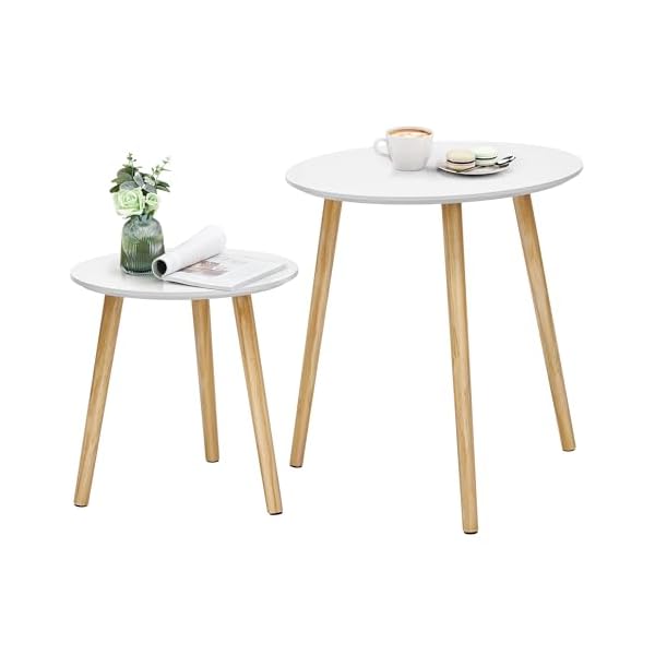 SONGMICS Table Basse Ronde, Table de Salon Moderne Minimaliste, Lot de 2, Table d'Appoint, avec Pieds en Bois de Pin, Style Scandinave, pour Salon, Balcon, Blanc et Couleur BoisÉe LET07WN