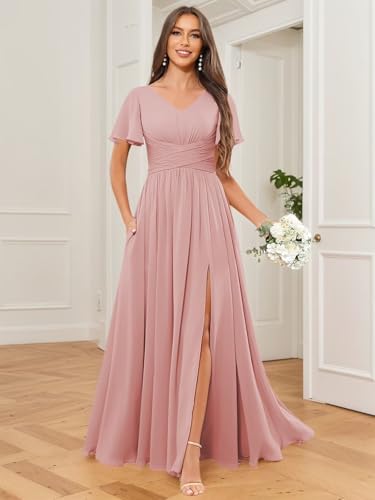 Chiffon Flutter Sleeve Bridesmaid Dresses with Slit Pockets V-Neck Long A-Line Ruched Formal Wedding Party Dress3