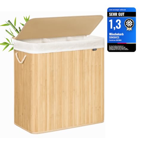 SONGMICS Wäschekorb 3 Fächer, 150 L, mit Deckel, Bambus