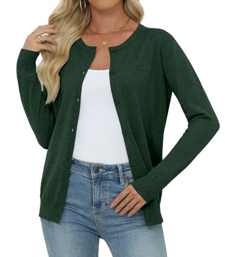 Yincro Womens Lightweight Crewneck Cardigan Long Sleeve Soft Knit Cardigans Sweater (Olive Green, L)