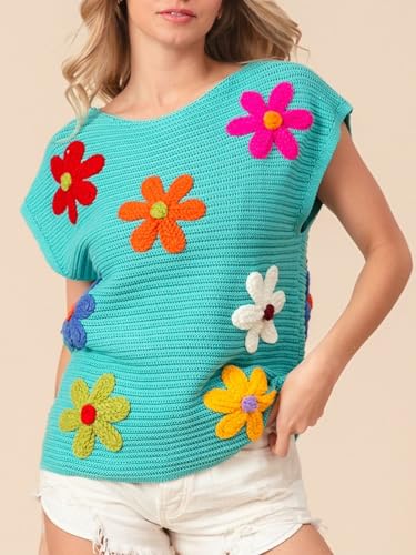 Image of Joiemont Womens Crochet Flower Embroidery Knit Top Sleeveless Round Neck Knit Sweater