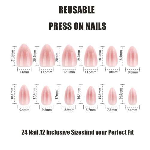 Image of Press on Nails Almond Nude Pink Gradient Fake Nails Glitter French Tip Nail | Glossy False Nail with Design Medium Length Stick on Nail for Women Reusable Artificial Nails for Daily 24Pcs
