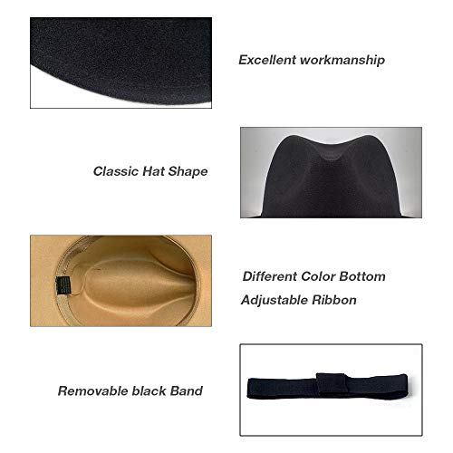 FADACHY Fashion Wide Brim Fedora Felt Hat Dress Wool Hat Two Tone Tan Bottom, Black - Thumbnail 5