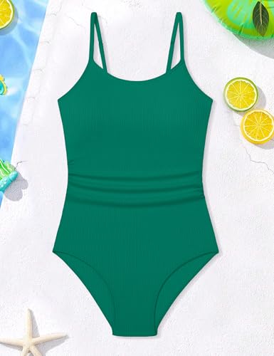 Image of AGAPENG Girls Swimsuit One Piece Ruched Solid Color Bathing Suit for Girls Ribbed Adjustable Straps Pad Swimwear 9-16Y