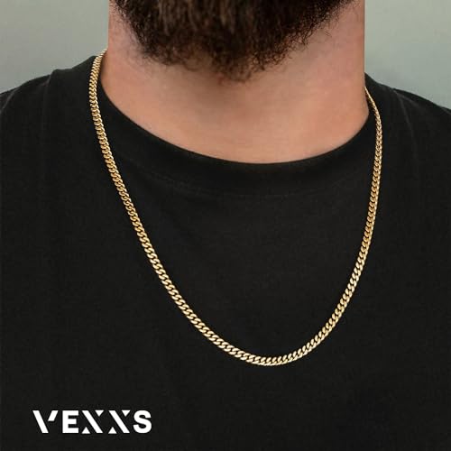 VEXXS Men's Gold Chain Flat Cut,18K Real Gold Plated Cuban Link Chain, Durable No Color Fading Stainless Steel Curb Chain 4mm 5mm 6mm Men’s Necklace3