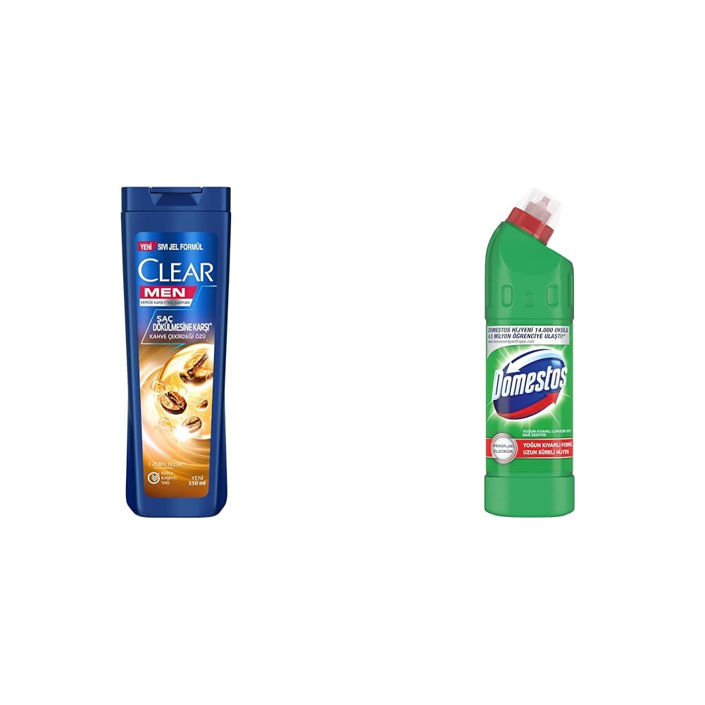 Clear Men Kepeğe Karşı Etkili Şampuan Saç Dökülmesine Karşı Kahve Çekirdeği Özü 350 ml(1) Domestos Yoğun Kıvamlı Çamaşır Suyu Maksimum Hijyen Dağ Esintisi, 750 ml(3)