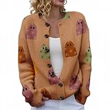 riou Cardigan für Damen, Halloween, langärmelig, Pullover mit Knöpfen, lustiger Druck, Strickjacke, Basic-Stil, elegant, Herbst, Winter, Pullover, Tops, C Orange, M