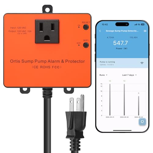 Sump Pump Monitor Ortis WiFi Sewage Pump Alarm with Real-Time Status Overload Float Switch Jam & Power Outage Alerts Compatible with 1/6HP2HP Pumps