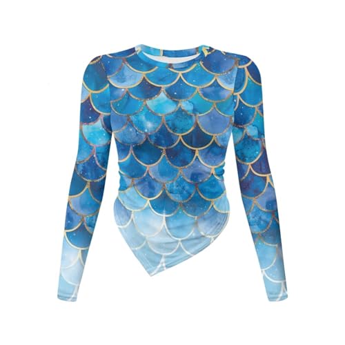 ZIATUBLES Damen-Langarm-T-Shirt, Basic-T-Shirt, Base-Oberteil mit unregelmäßigem Saum, eng anliegend, für Frühling und Herbst, Kleidung, Größe S-L, Blaue Fischschuppe, L