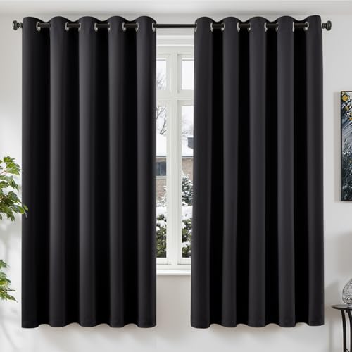 TOPICK Thermal Insulated Blackout Curtains for Bedroom, W66 x L72 Inch Ring Top Room Darkening Drapes for Windows, Eyelet Black Out Curtains, Black, 2 Panels