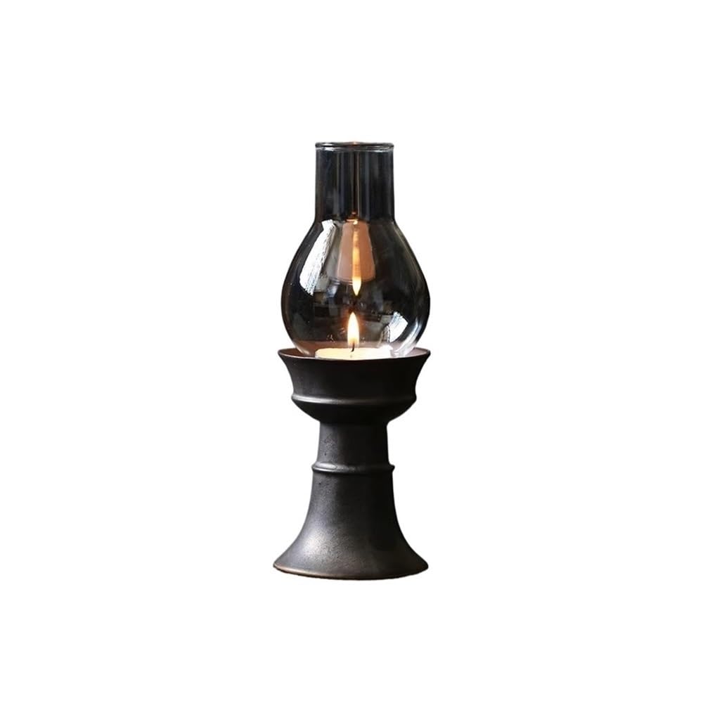 Candlestick Holder Ceramic Candle Holder With Glass Lampshade Retro Home Aromatherapy Decorative Ornaments(Black)