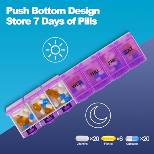 Push Button Weekly Pill Organizer, Medicine Pill Organizer with Label, Pill Box Case 7 Day BPA-Free, Pill Container for Vitamins, Fish Oil, Supplements Medication (Purple) — view 5