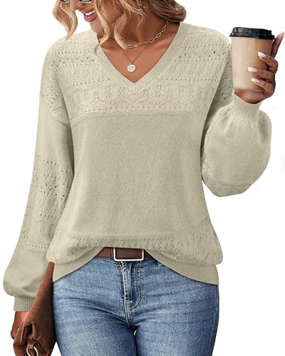 Messic Womens Pullover Sweaters 2025 Casual Long Sleeve V Neck Lightweight Loose Knit Tops3