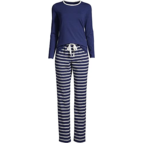 Lands' End Women's Long Sleeve Knit Sleep Set Deep Sea Navy Founders Stripe Petite Medium #TOP3