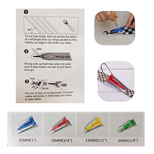 Honeysew BIASSETD Bias Tape Maker Kits All 5 Sizes 6Mm 9Mm 12Mm 18Mm 25Mm Binding Foot Craft Clips Awl Quilter'S Pin thumb #4