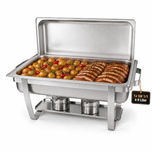 Warmhaltebehälter für Essen GN 1/1, Chafing Dish Edelstahl 9 L, Rechaud | Großer Buffetwärmer mit GN-1/1-Behälter & Deckel, Speisenwärmer mit Wasserbad, für Grillgut, Buffet, Catering & Events