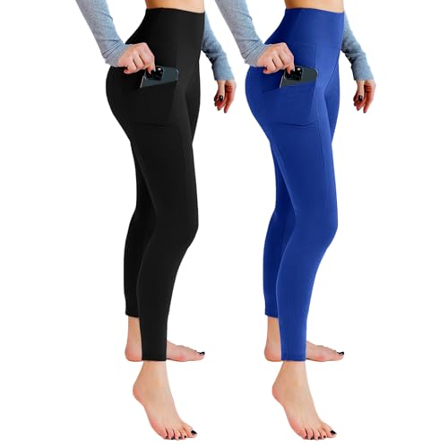 Leafigure 2er Pack Sport Leggings Damen High Waist Sporthose Damen Mit Taschen Gym Leggings Blickdicht für Sport Yoga Schwarze/Königsblau LXL