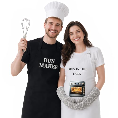 ISENDY 5 Pcs Bun in the Oven & Bun Maker Couples Halloween Costume with Pregnant Oven Apron Chef Hat Oven Mitts Whisk for Couples Maternity Bakery Halloween Party Cosplay