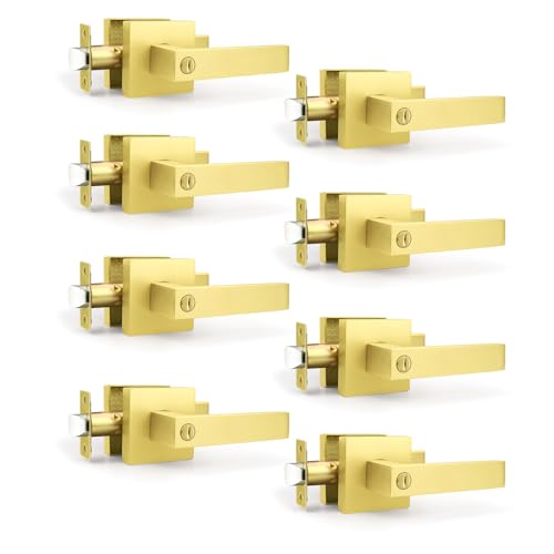 Brotima 8 Pack Gold Door Handles Privacy Door Levers, Heavy Duty Bed and Bath Door Locks Interior Keyless Locksets, Reversible Flat Levers with Square Rosette