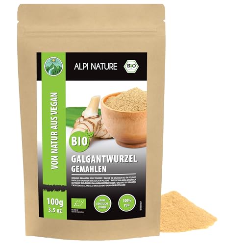 Alpi Nature Galangal Orgánico en Polvo 100g, Polvo de Raíz de Galanga Molida para Condimentar, Galanga en Polvo