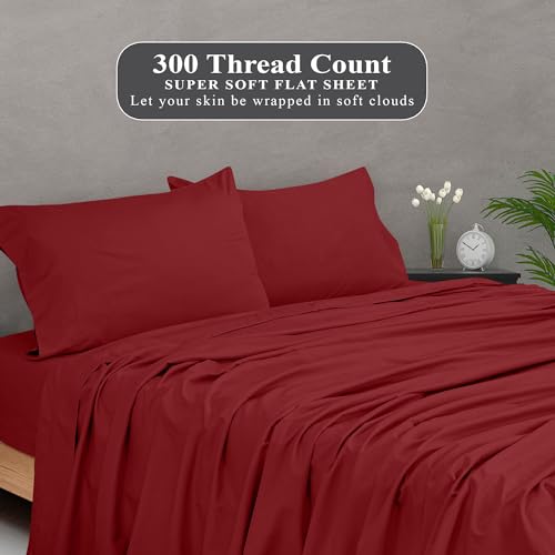 Image of Royale Linens 300 Thread Count 100% Long Staple Combed Cotton Flat Sheet - Super Soft - Top Sheets - Full Flat Sheet Sold Separately - Breathable, Cool & Crisp Percale Sheets Only (Full, Red)