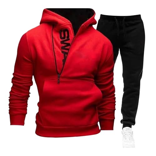 Fulidngzg Tuta Uomo Completa Invernale Caldo Set 2 Pezzi con Felpa con Cappuccio e Zip Laterale Pantaloni Coordinati Tute da Ginnastica Casual Comfort Elegante per Sportiva Palestra,Rosso,4XL - immagine 1