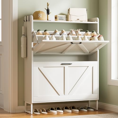 Urban Deco Shoe Storage Cabinet for Entryway, 2 Flip Drawers Shoe Organizer, Elegant 2-Tier Freestanding Shoe Cabinet with Anti-Tipping Design (White) - image 1