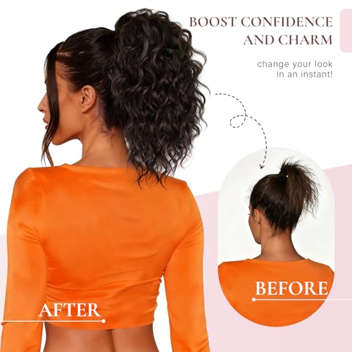 ZQIAN BEAUTY Clip on Ponytails for Women - 12 Inch Curly Black Ponytail Extension, Curly Pony Tails Hair Extensions, Synthetic Hair Extensions Ponytail, Natural Hair Pieces for Women (Color: Black)