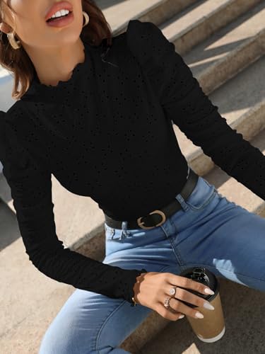 Image of Sugathari Girl's & Women's Spring /Summer Slim Fit High Neck T-Shirt with Stand Collar, Cap Sleeves and Eyelet Embroidery Frill Trim Tee Textured Sheer Fabric (T-Shirts 194 $P)