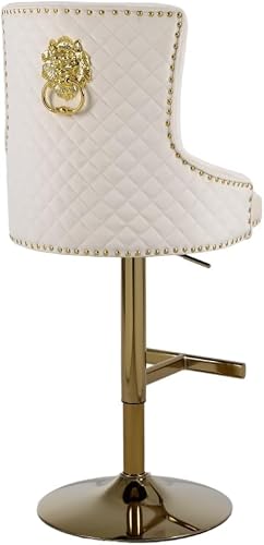 Image of BLUEBRIT Set of 2 Luxury Velvet Bar Stools with Lion Knocker Backrest Adjustable Height Swivel Breakfast Chairs, Padded Seat & Metal Base Modern Kitchen Counter Stools (Cream Gold)