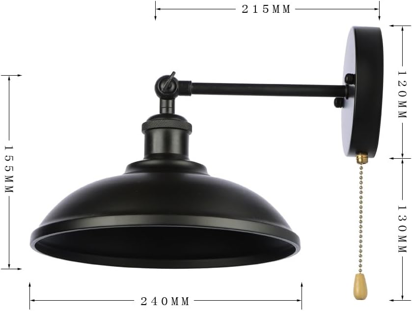 Vintage Black Wall Sconce Light, 1-Light Switch Farmhouse Wall Lamp, Industrial Pull Chain Wall Light Fixture for Living Room Bedroom Bathroom Kitchen Hallway Doorway (Shade-24cm)