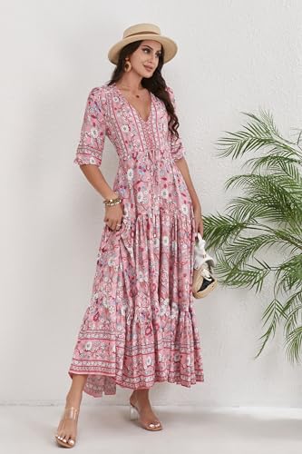 Image of Women Short Sleeve V Neck Floral Print Casual Bohemian Maxi Dresses