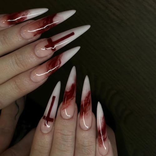 SINHOT Stiletto Press on Nails - Long Fake Nails with Goth Red Cross, Acrylic Gothic Blood Print Design 30 pcs