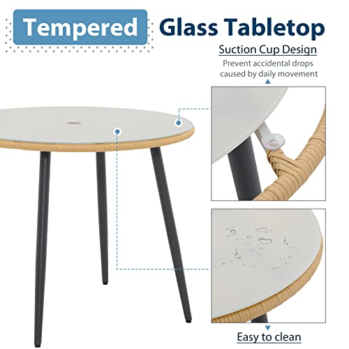 Joivi 35.4” Patio Dining Table, All-Weather Wicker Outdoor Table With Umbrella Hole, Round Rattan Table With Tempered Glass Top For Indoor Outdoor Backyard Lawn Balcony Pool, Yellow #TOP4