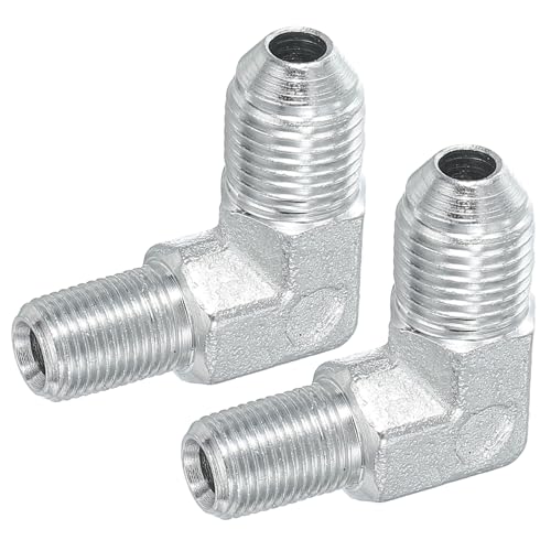 Image of PATIKIL 90 Degree Pipe Adapter, 2 Pcs 1 /2 inch Male 37 Flare JIC x 1 /8 inch BSPT Male Connector Carbon Steel Elbow Fitting for Air Hydraulic Fluid Fuel Water Oil, Silver